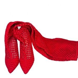 Red Mesh Pointed-Toe Heeled Boots